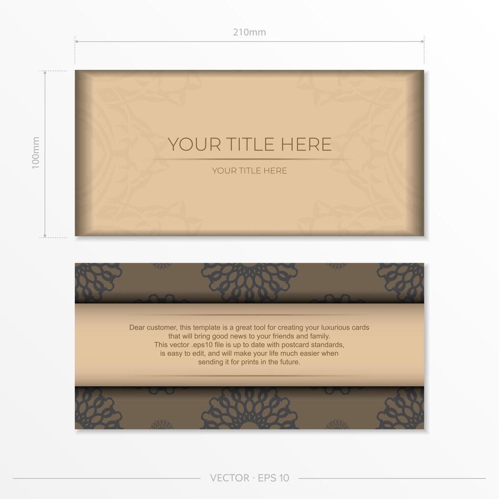 Template for print design postcards in Beige color with mandala patterns. Vector Preparation of invitation card with place for your text and abstract ornament.