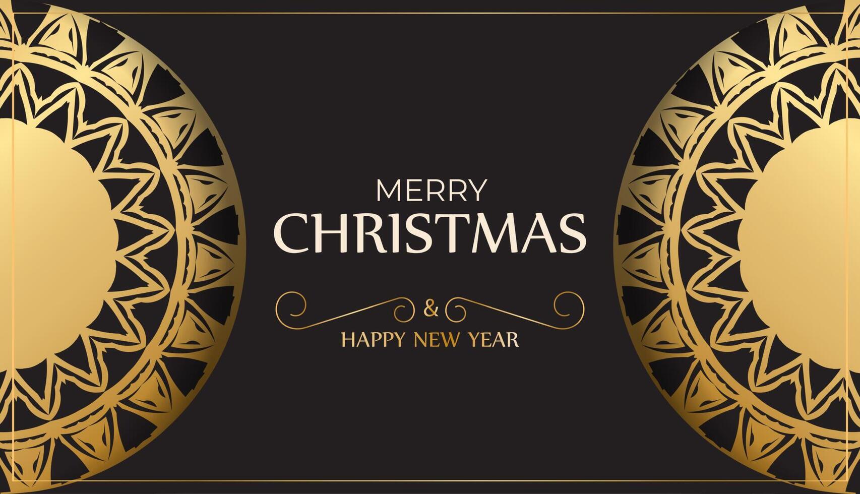 Flyer Merry Christmas and Happy New Year in black color with gold ornaments. vector