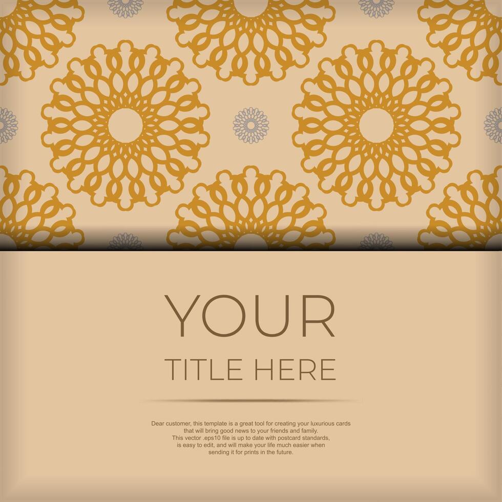 Ready-to-print design of a postcard in Beige color with mandala patterns. Invitation card template with place for your text and abstract ornament. vector
