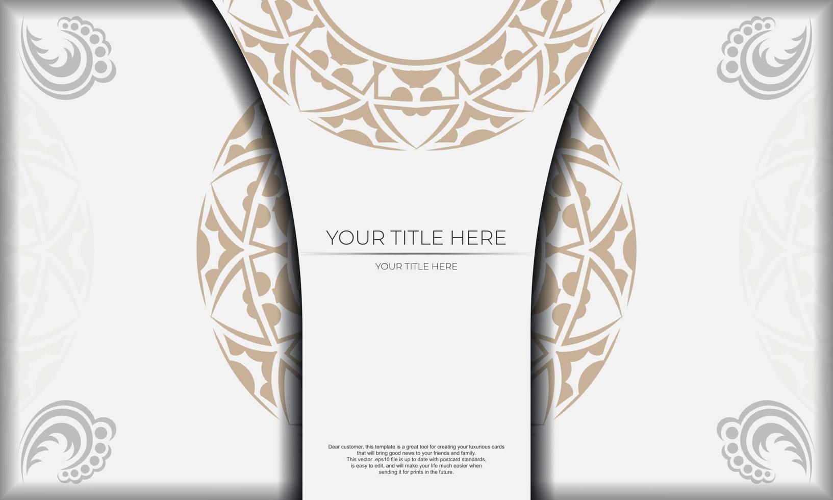 Template for postcard print design with Greek patterns. White template with ornaments and place for your logo and text. vector