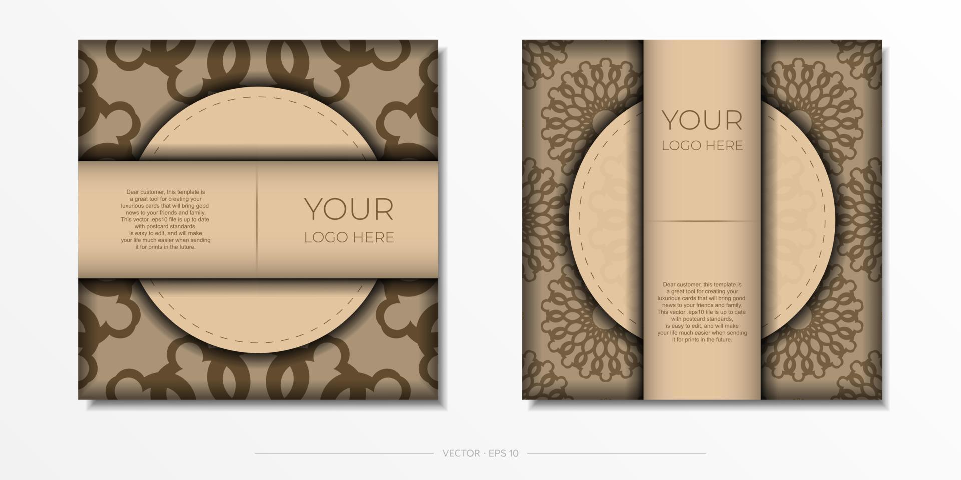Vector invitation card with place for your text and abstract patterns. Ready-to-print design of a postcard in Beige color with mandala patterns.