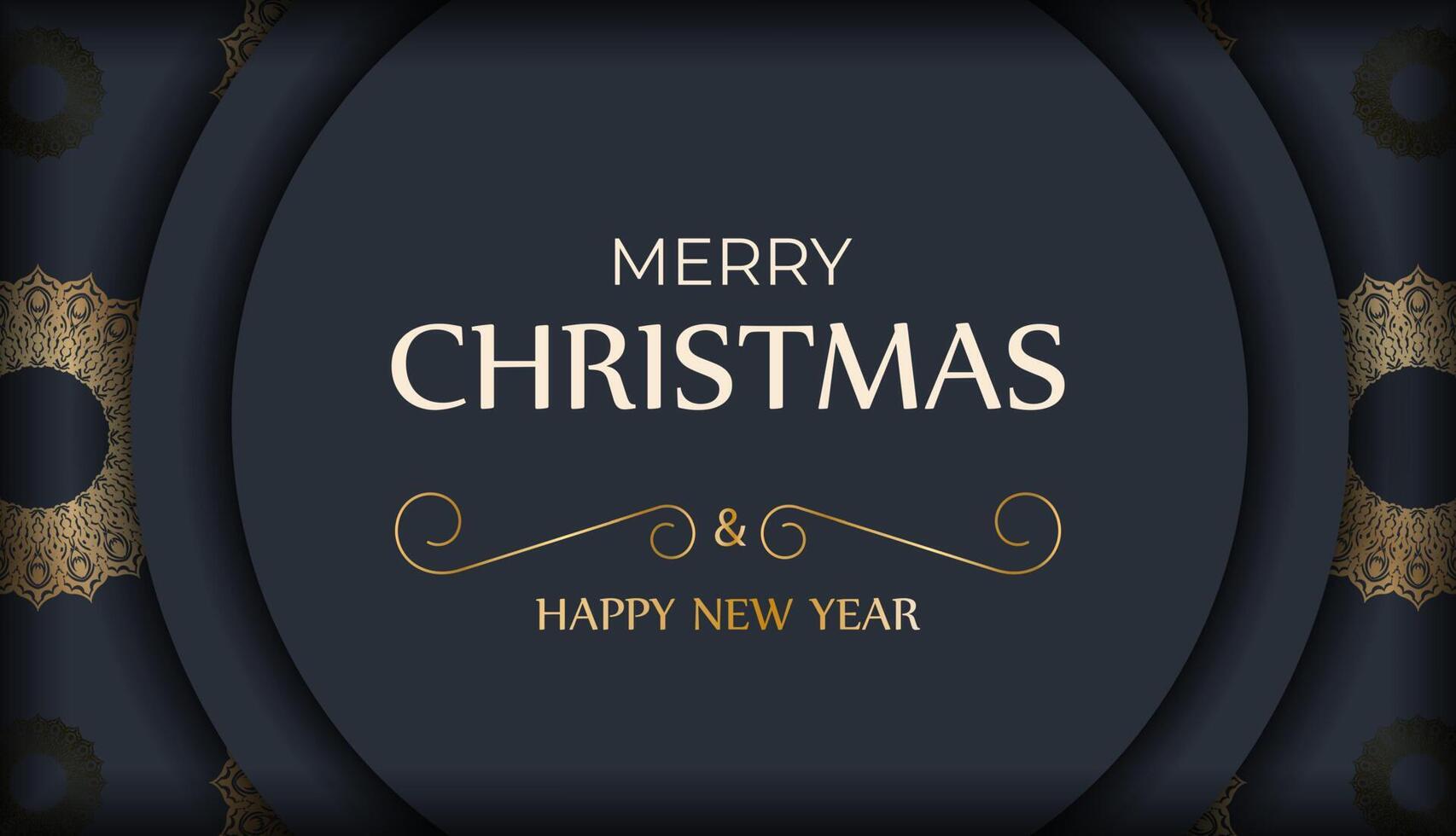Merry Christmas and Happy New Year greeting card template in dark blue color with abstract gold pattern vector
