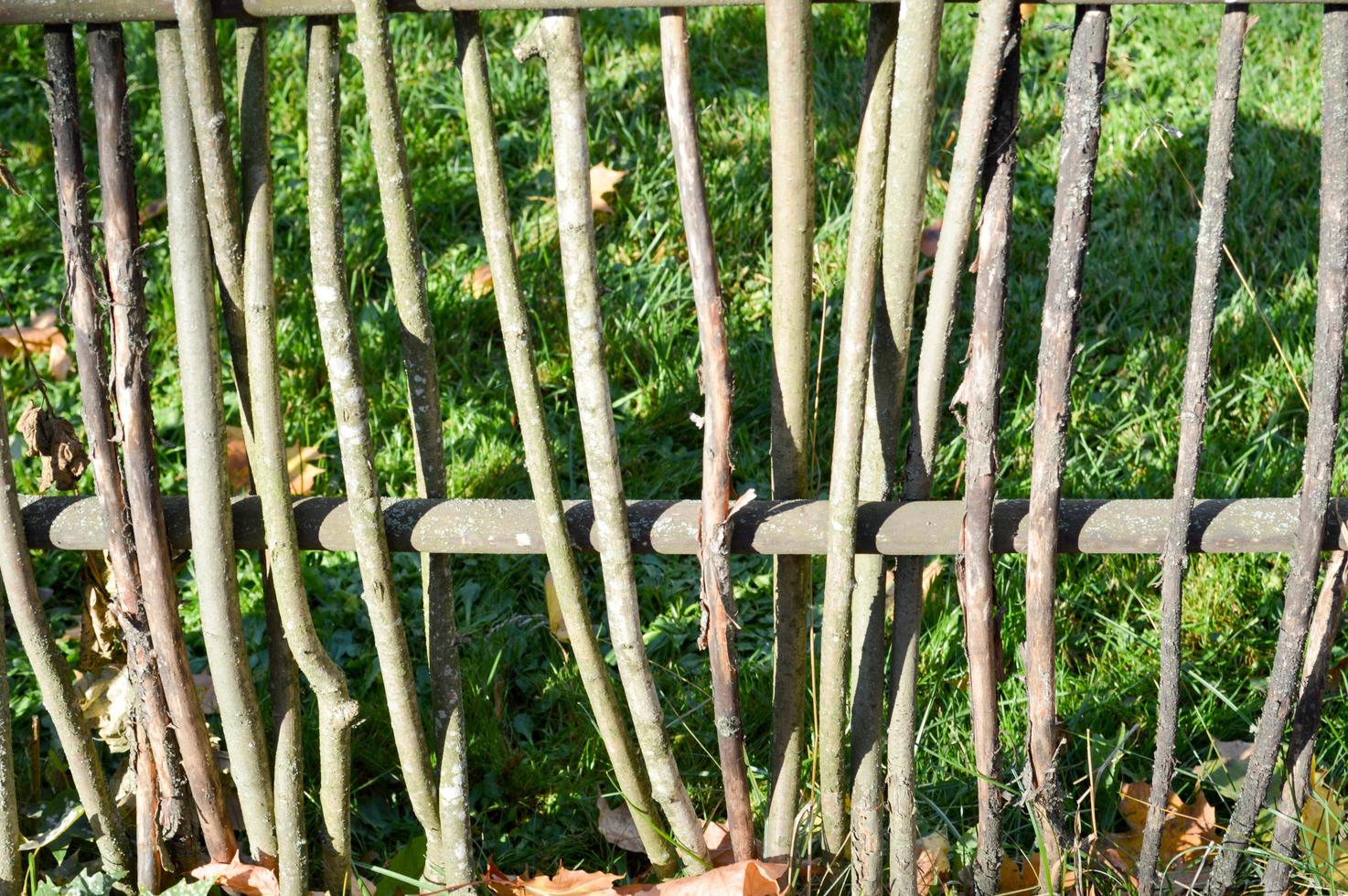 Wooden beautiful natural thin sticks, branches with bark intertwined in the fence against the background of green grass photo