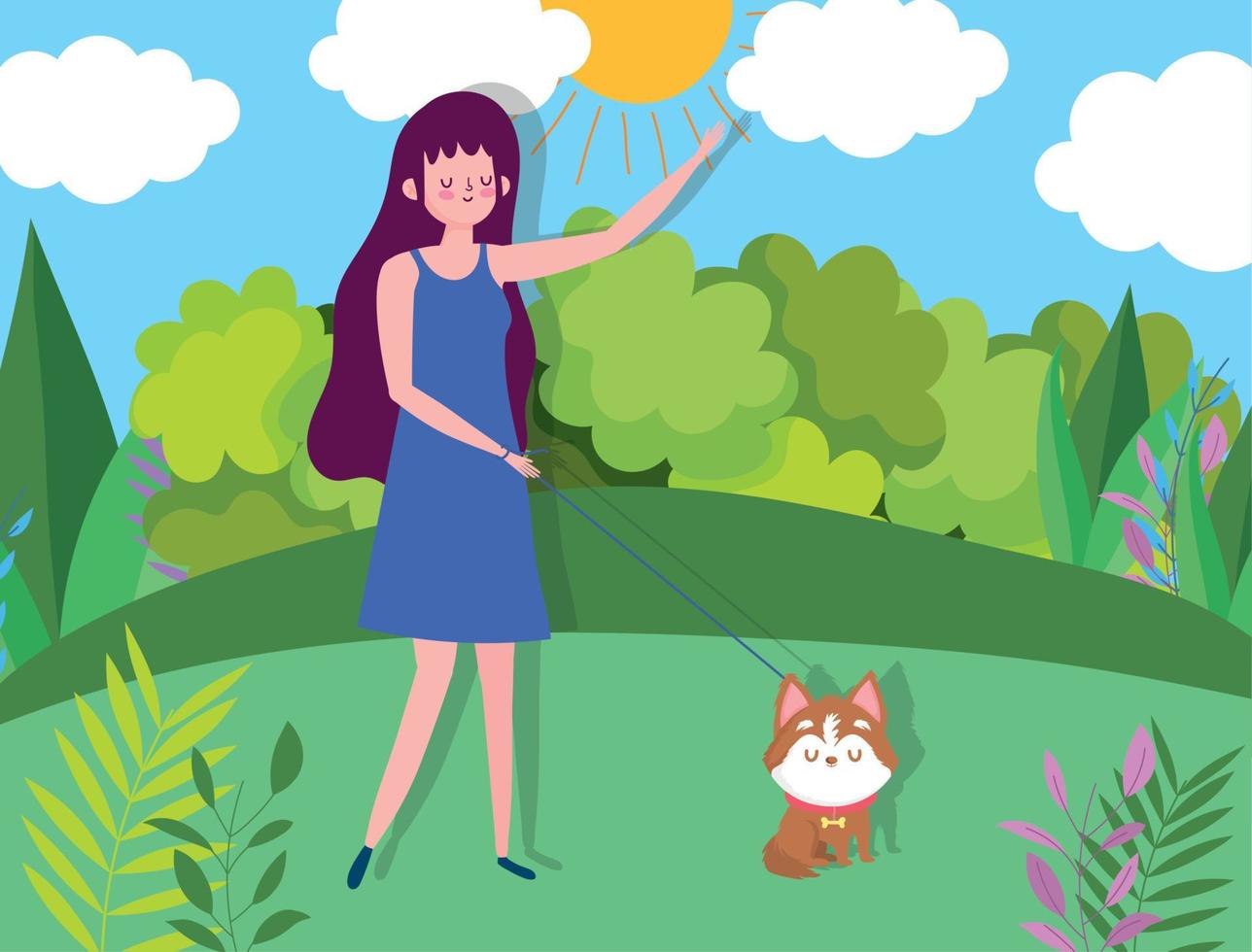 young woman and dog in the park healthy life vector
