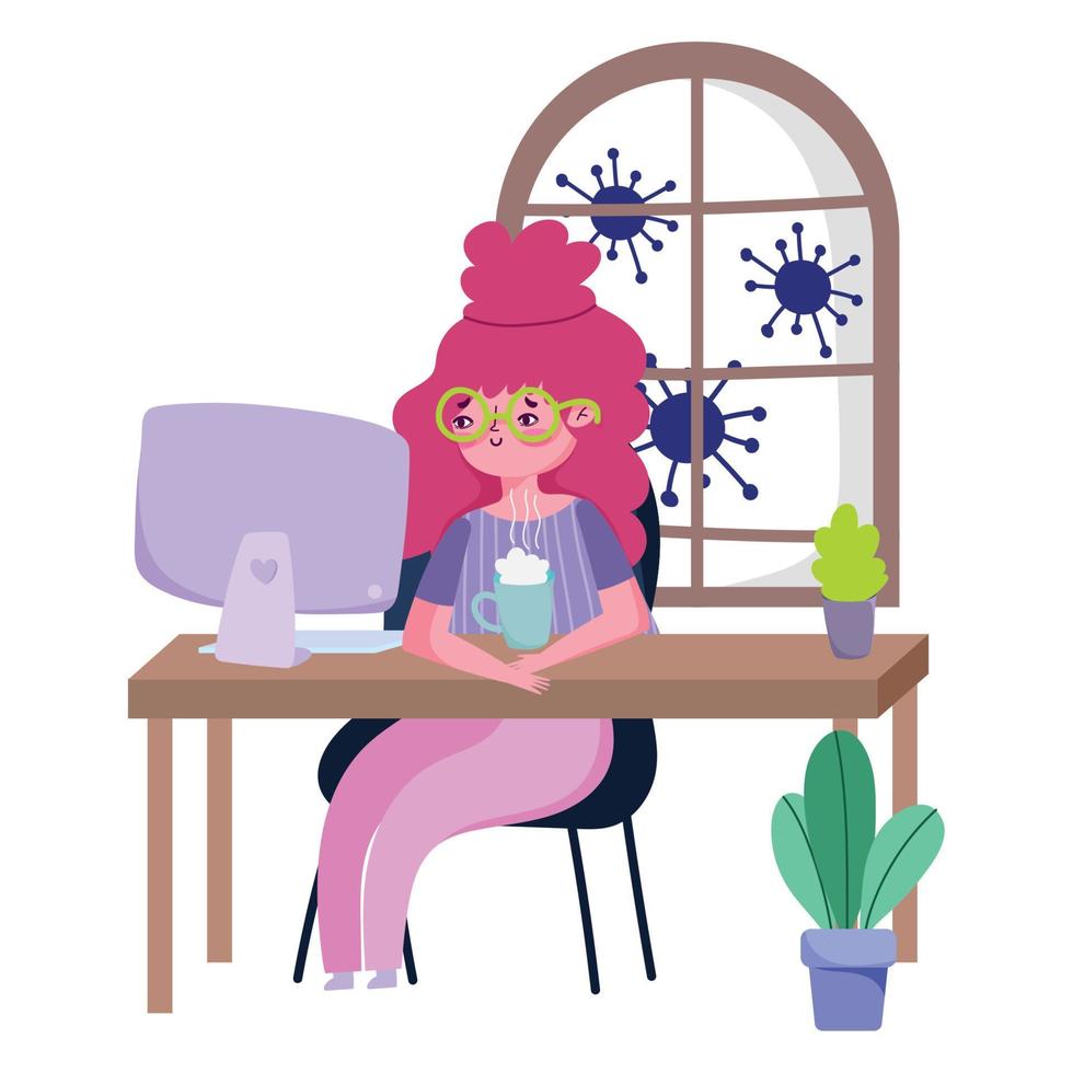 stay at home, young woman watching computer with coffee cup quarantine prevention, covid 19 vector