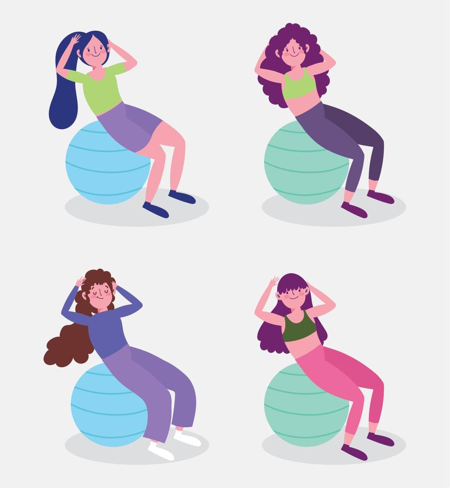 fitness women group with ball activity sport exercise at home vector