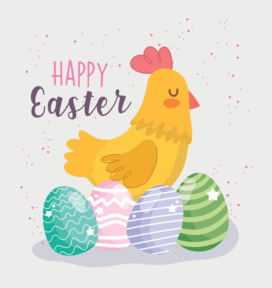 feliz pascua linda gallina y huevos decoración celebración vector