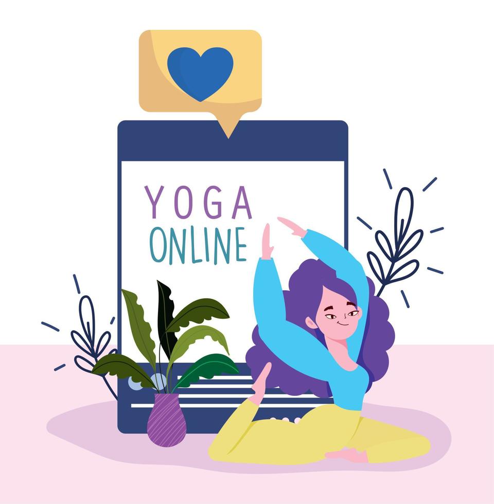 yoga en línea, mujer joven haciendo aplicación de sitio web de yoga vector