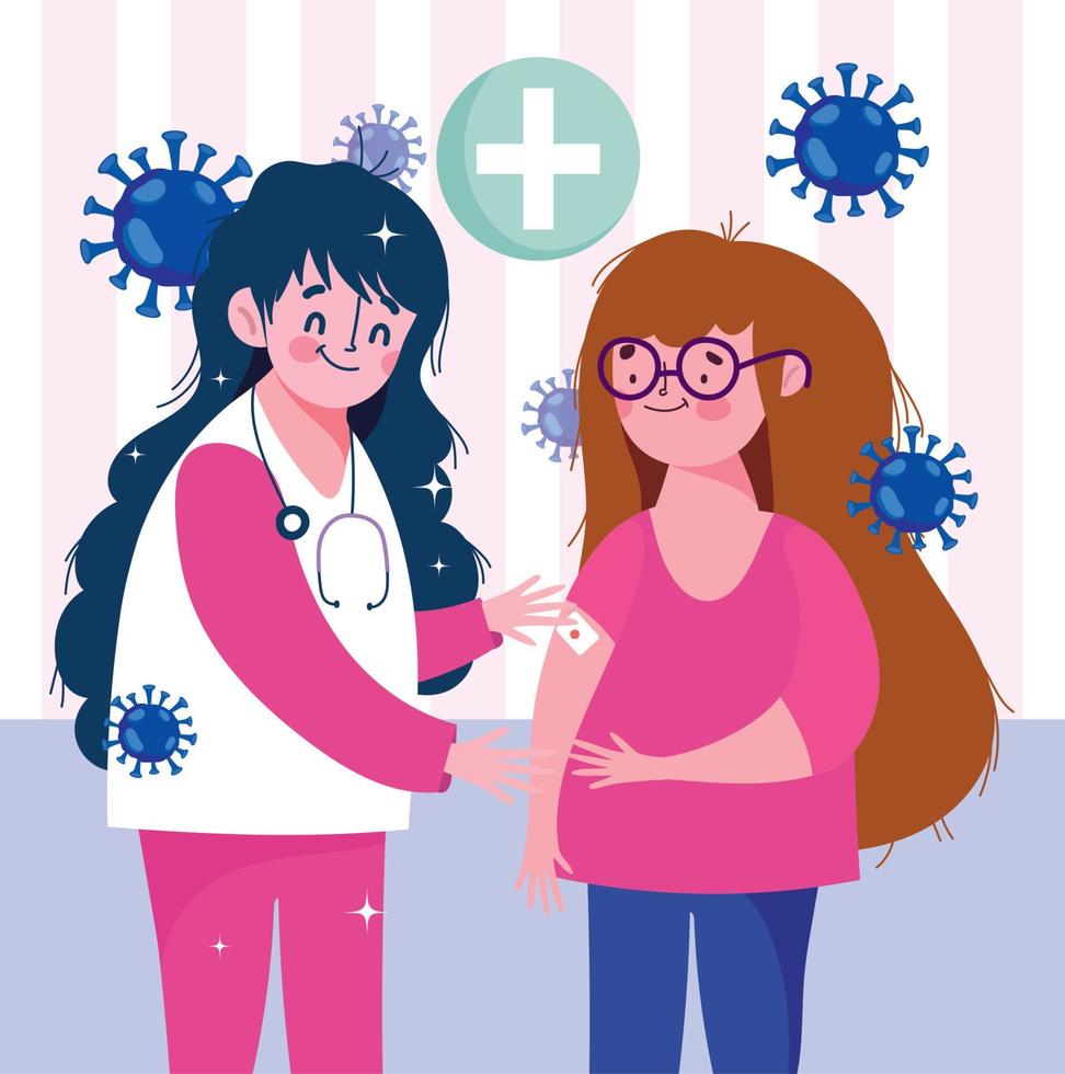 female nurse and patient with band aid medical health care vaccination vector
