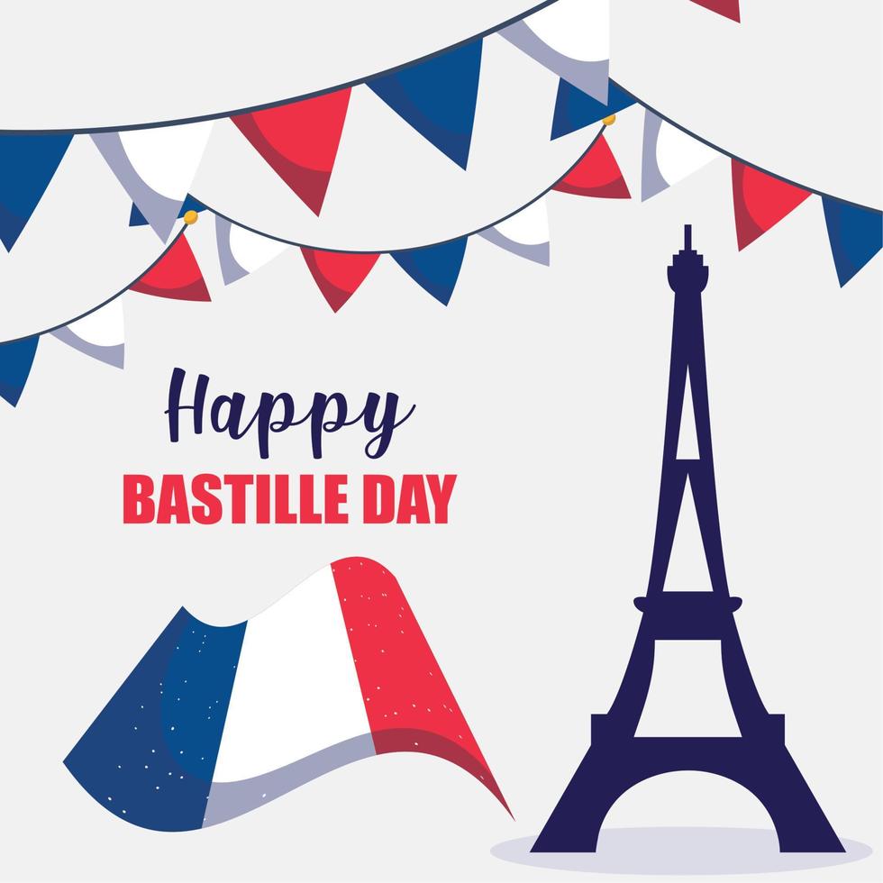 torre eiffel de francia y bandera del feliz día de la bastilla diseño vectorial vector