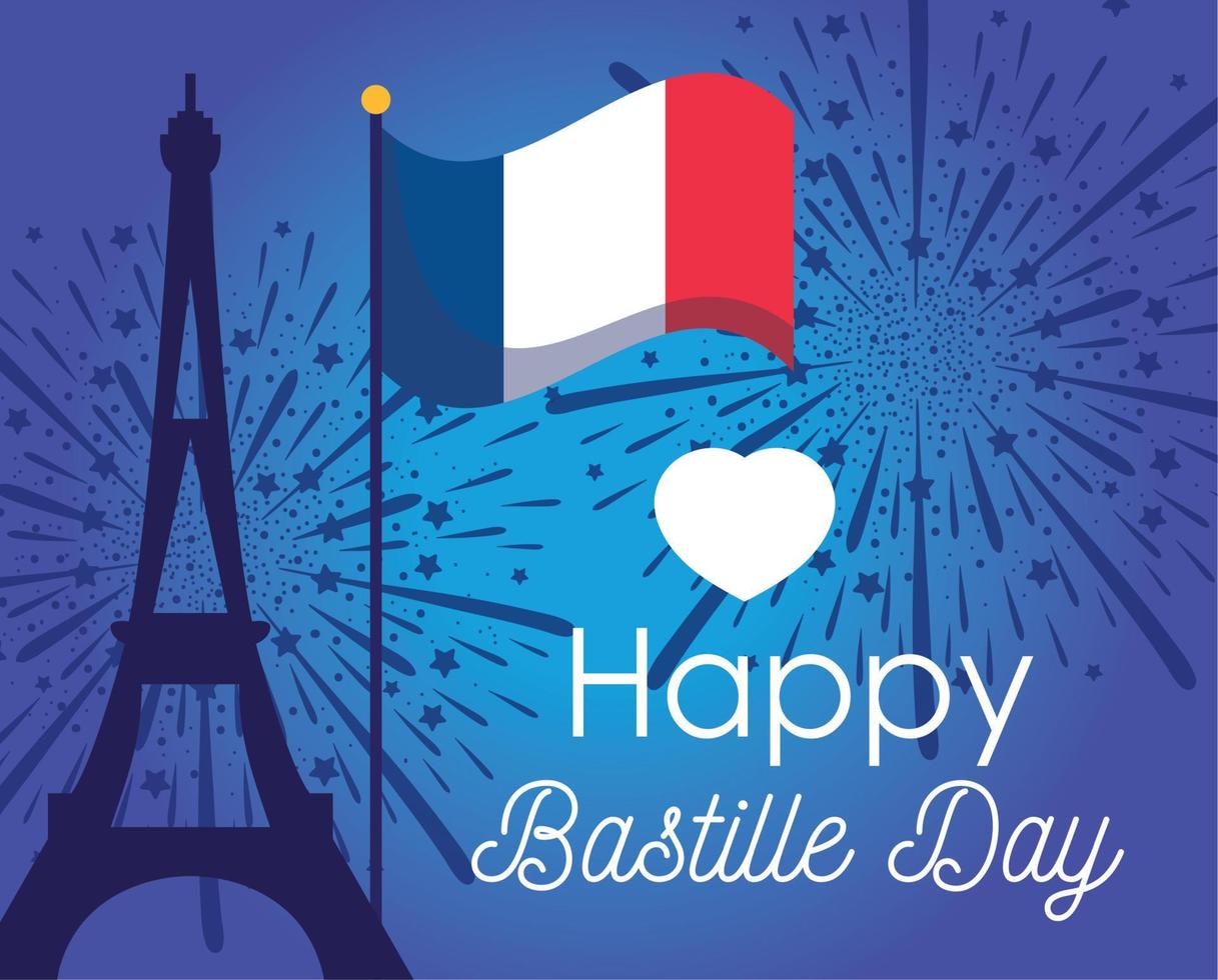 torre eiffel de francia y bandera del feliz día de la bastilla diseño vectorial vector