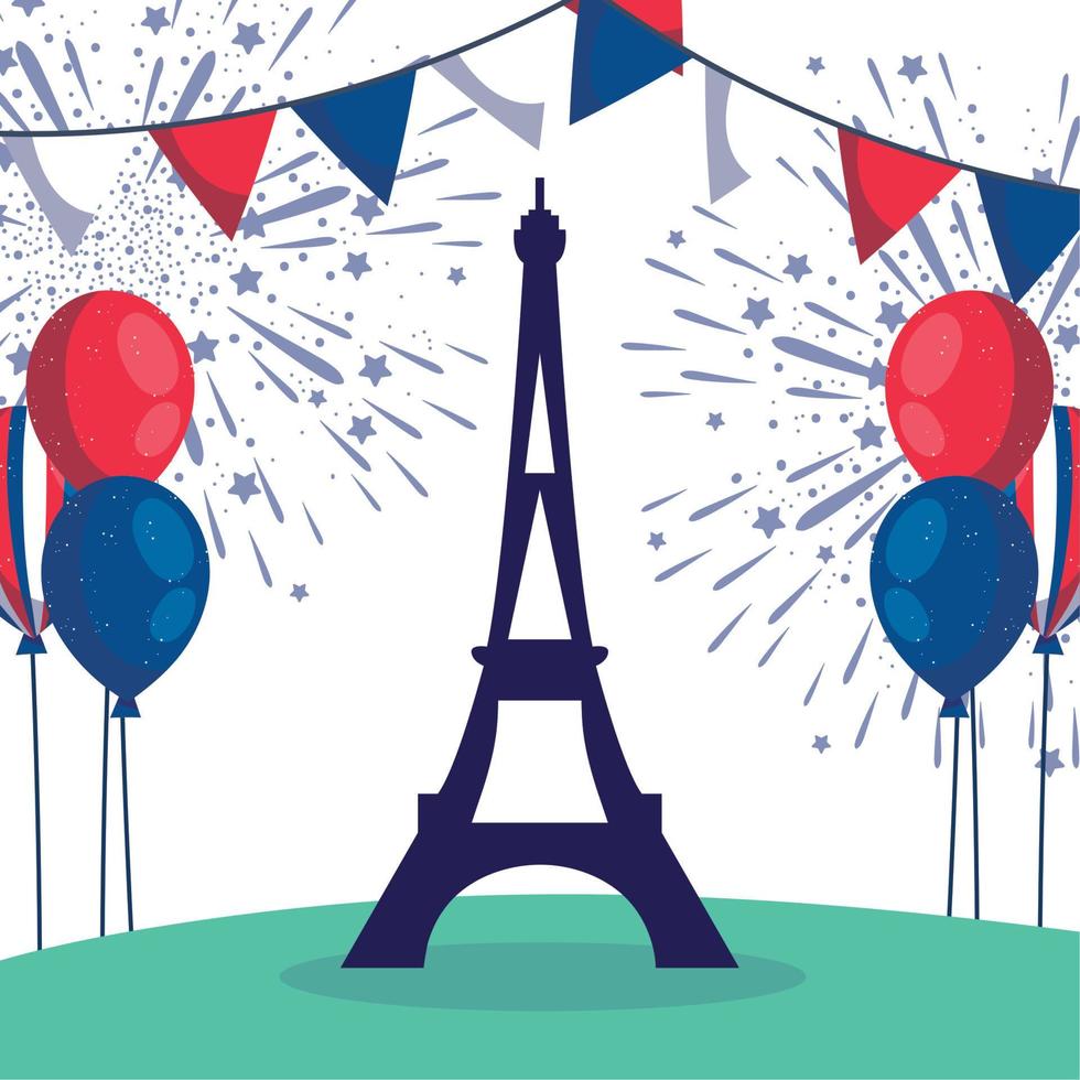 Francia torre eiffel con banderín de banner de feliz día de la bastilla diseño vectorial vector