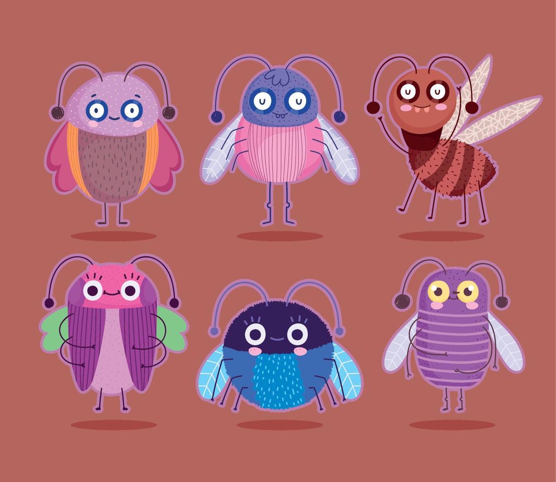 cute bugs insects animal in cartoon style icons set vector