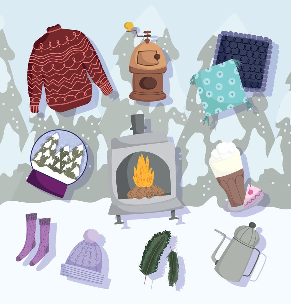 winter wood stove hat sock kettle sweater trees background vector