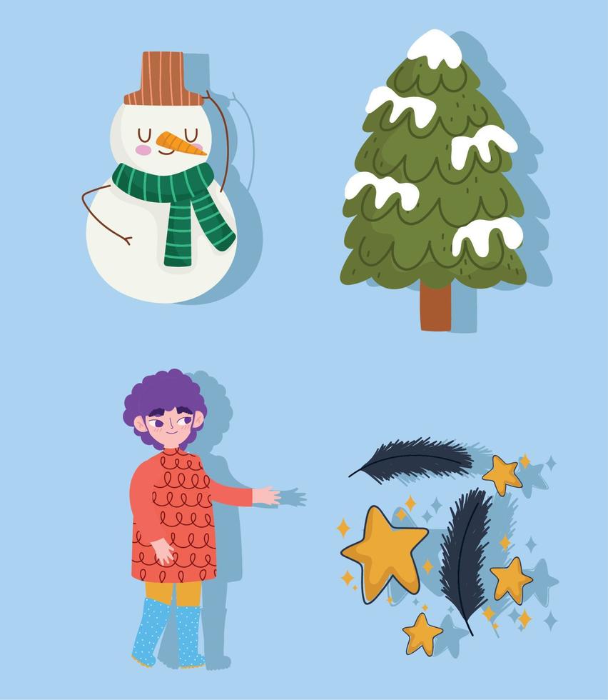 invierno, ropa de abrigo para niños, iconos de nieve de árbol de muñeco de nieve conjunto de dibujos animados vector