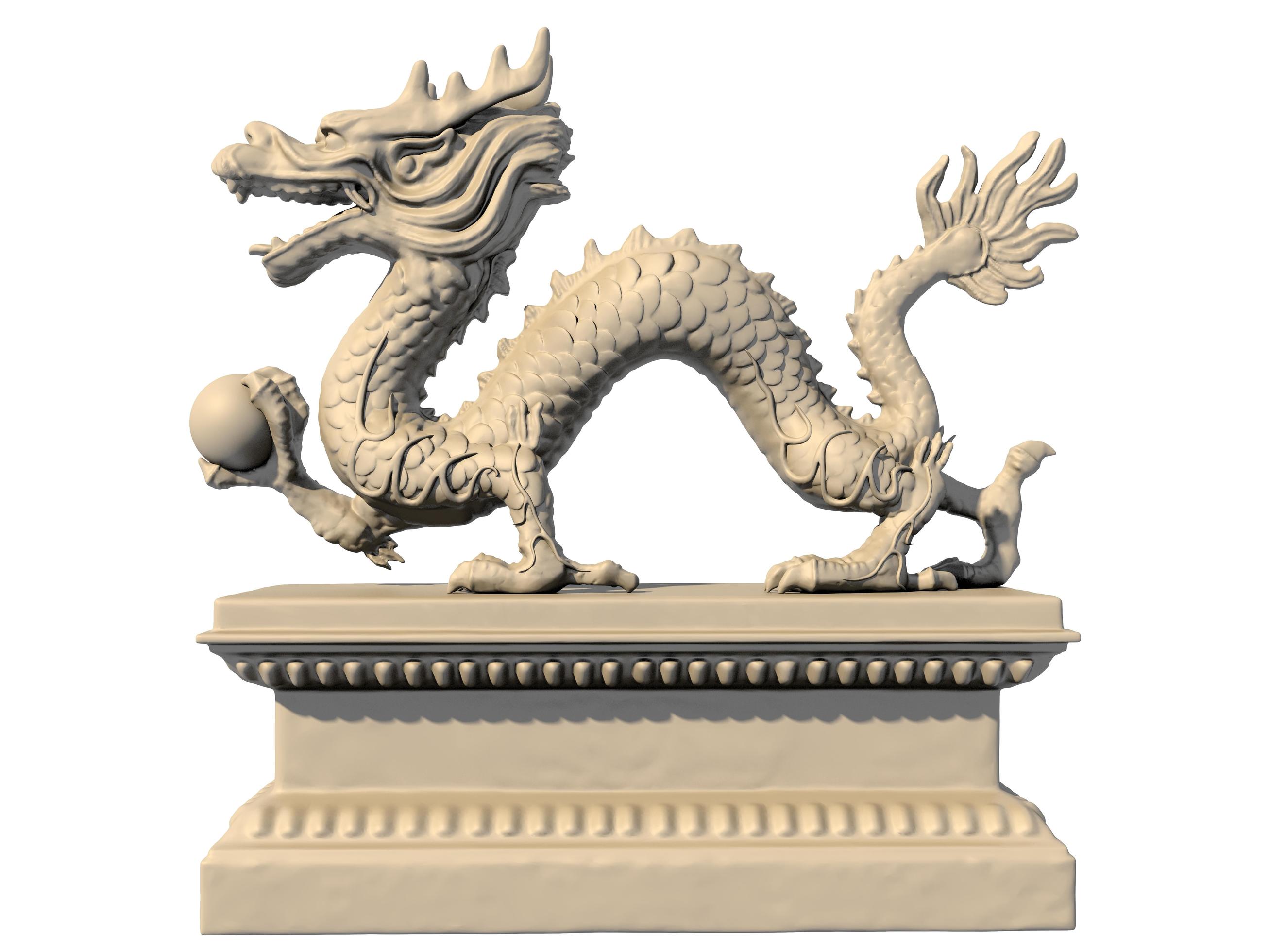 White Chinese dragon statue holding a ball in his claws, sideview