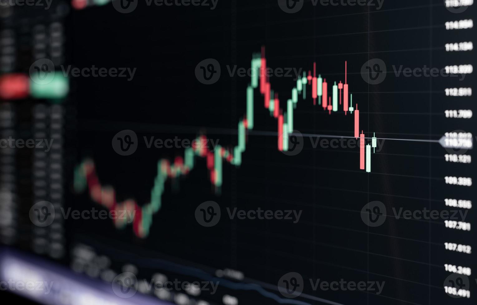 gráfico de mercado de valores en pantalla led digital. gráfico de velas rojas y verdes sobre fondo negro. enfoque selectivo foto