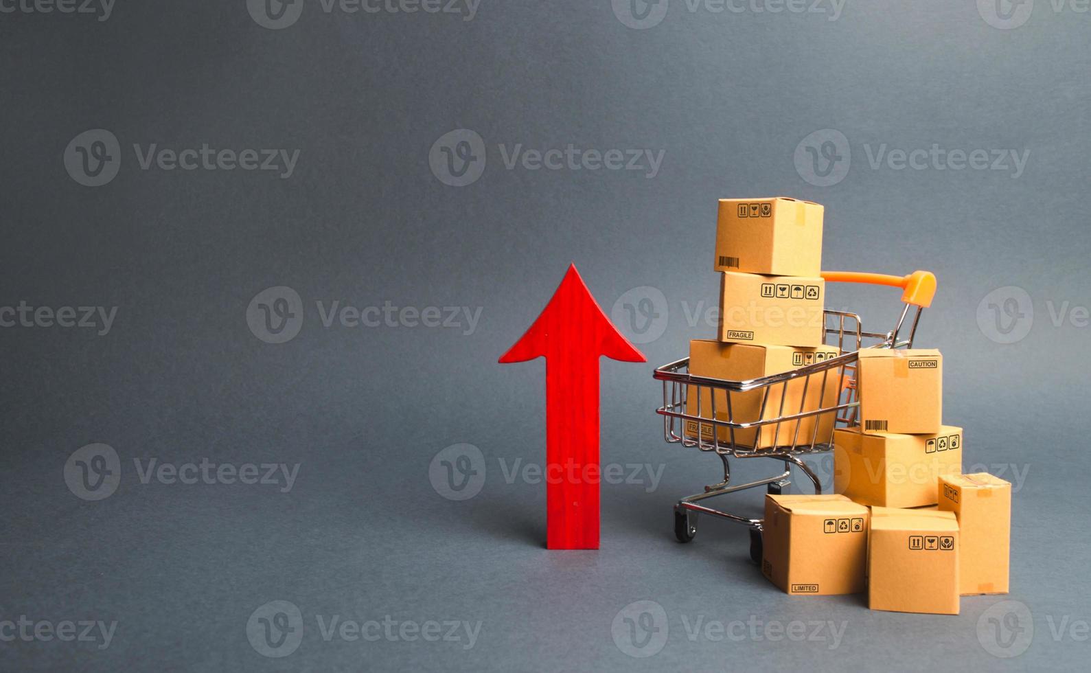 Shopping cart with cardboard boxes and red up arrow. Growth wholesale and retail. Improving consumer sentiment, economic growth. Rising prices for goods, inflation. growth of popularity of the product photo