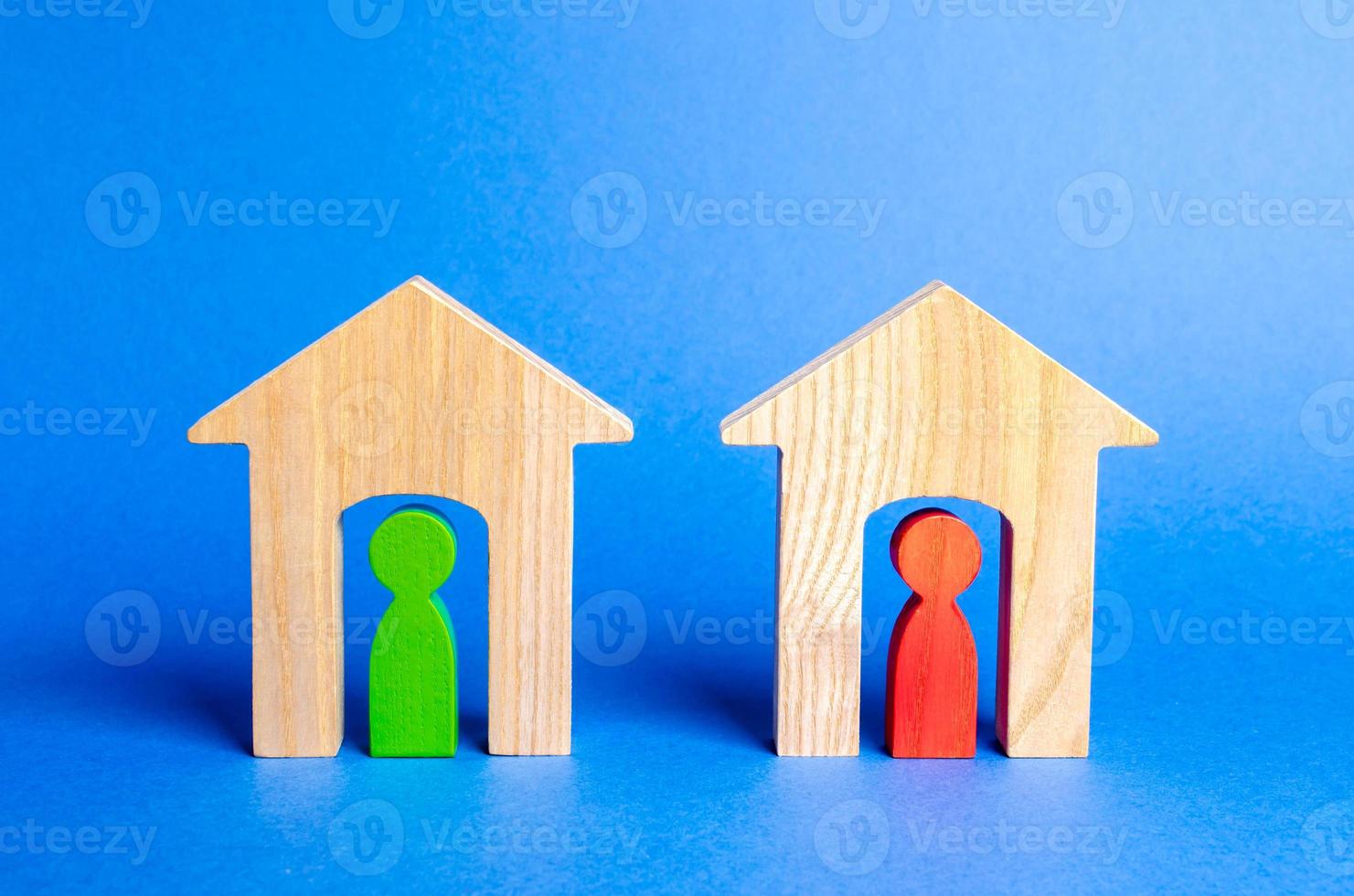 Two wooden houses with neighbors inside. Good neighborhood, district. concept of relationships and communication between neighbors. Vigilance, mutual aid and cooperation, friendly atmosphere. Security photo