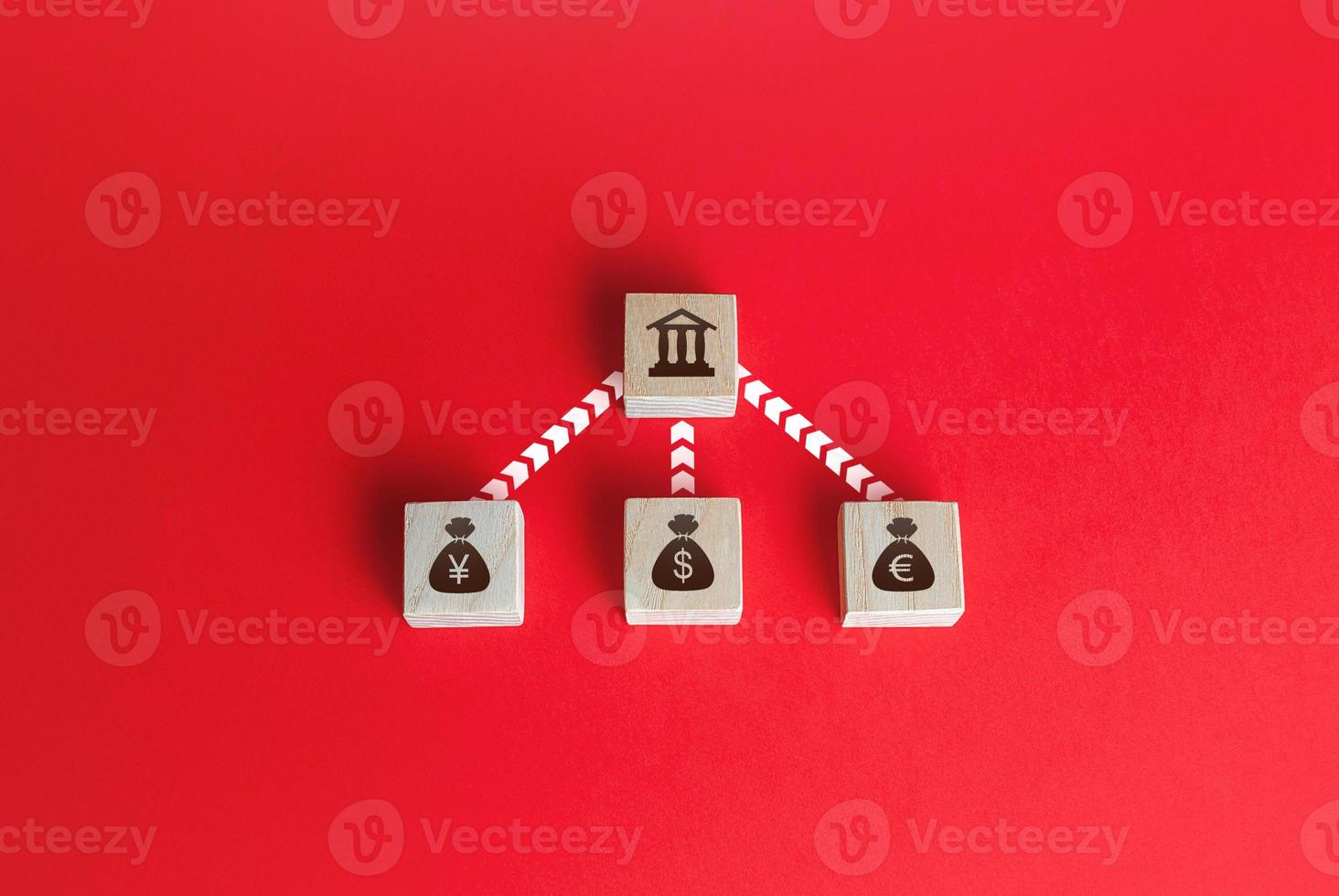 Currencies money bags are connected to the bank by lines. Financial system, national foreign exchange reserve concept. Currency exchange. Attraction of credit resources on capital markets. photo