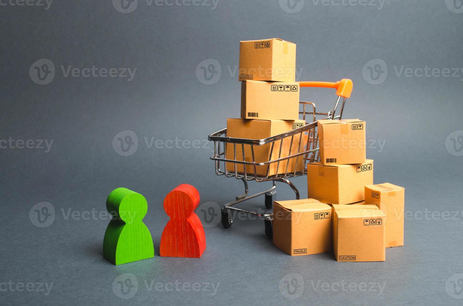 Trading car with boxes, a buyer and the seller, the manufacturer and the retailer. Business and commerce. Discussion of the terms of the transaction, the purchase of goods and services. photo