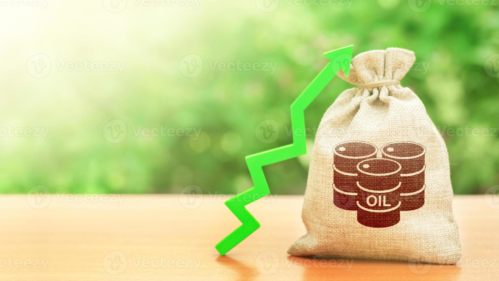 Bag with a barrel of oil and a green arrow up. Rising oil prices and stabilization of energy market. Economic recovery after crisis and demand rise. Growth of strategic and federal reserves. photo