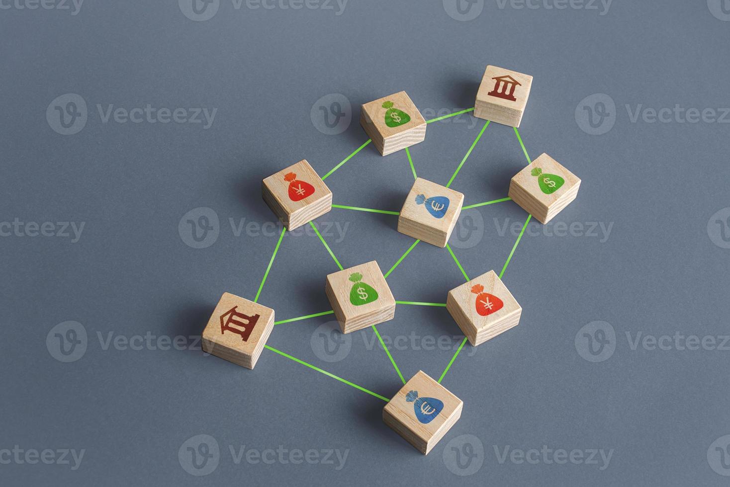 Banks and money connected in a network of lines. Financial system. Borrowing of credit funds in international capital markets. Interbank communication system. Stimulating the economy to recover. photo