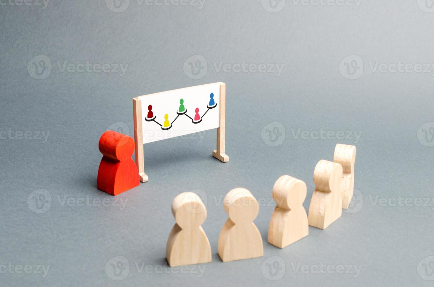 Employees stand in a row at the briefing. Business collection, information on whiteboard. Report and strategy development, building an action algorithm. Roadmap to complete the task. Selective focus photo