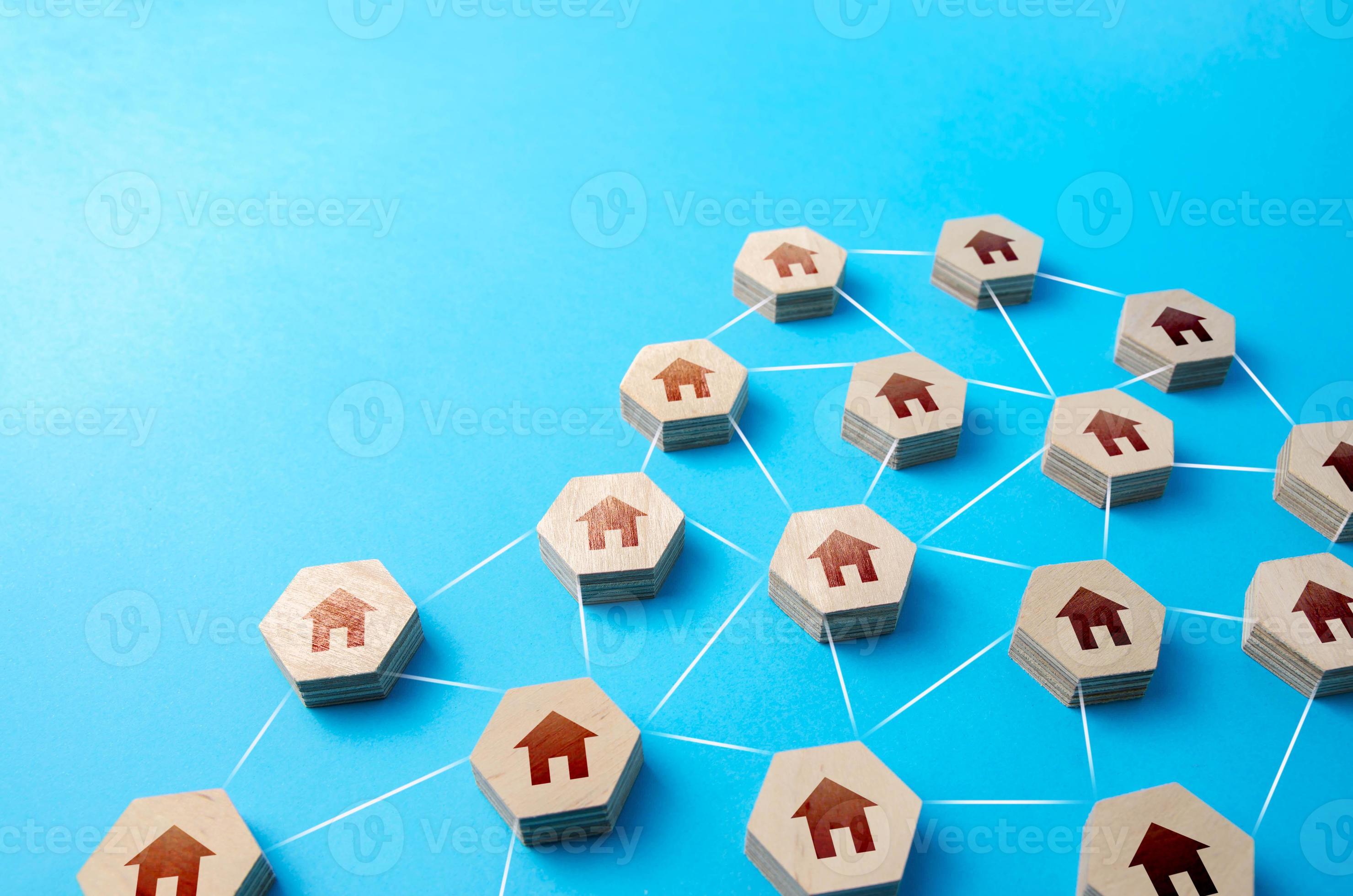 Houses connected by lines. service communication. IoT