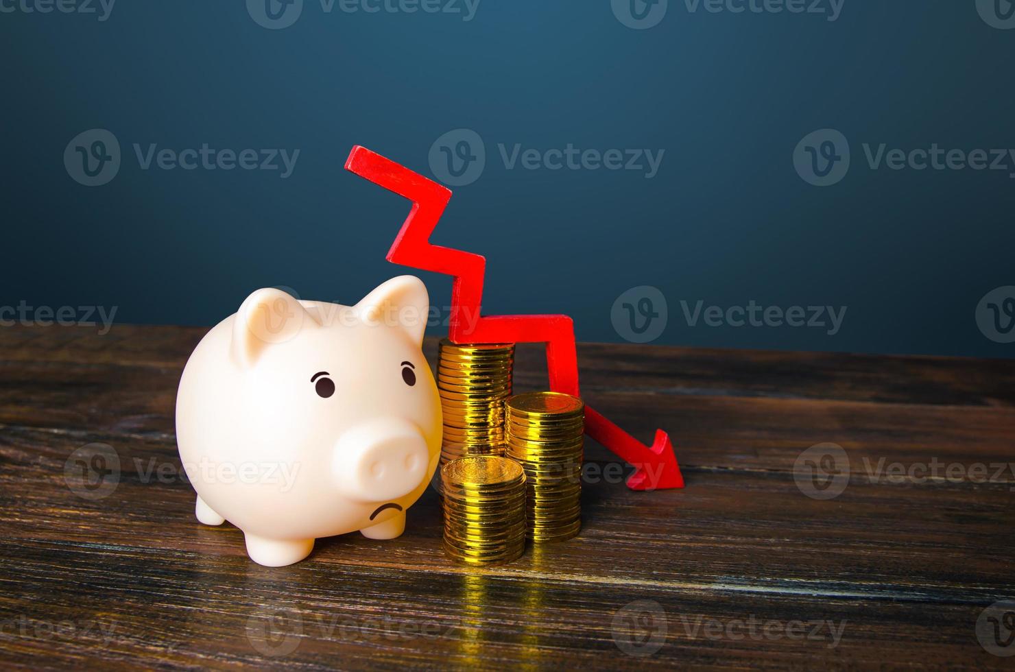 Piggy bank and money with an arrow down. Decrease in savings and reserves. Inflation and depreciation of assets. Falling income, lower wages. Decrease in GDP. Economic recession, crisis. Poverty photo