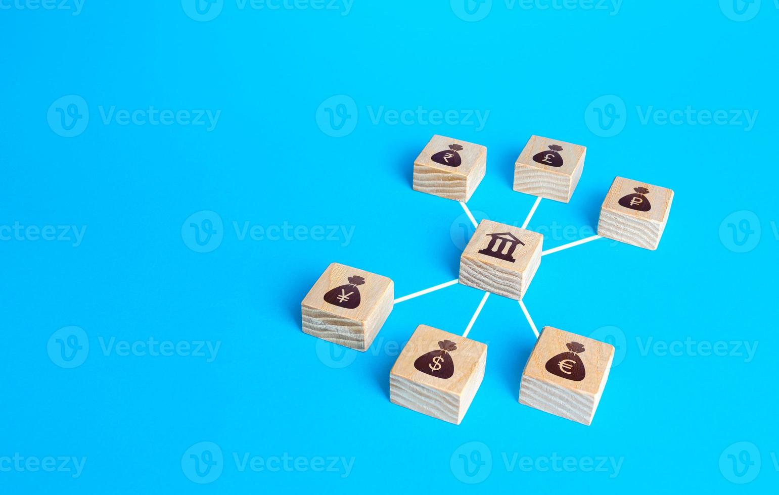 Linked blocks bank and world currencies money bags. Financial system, national foreign exchange reserve concept. Credit resources on capital markets. Trading stock exchanges. Currency exchange photo