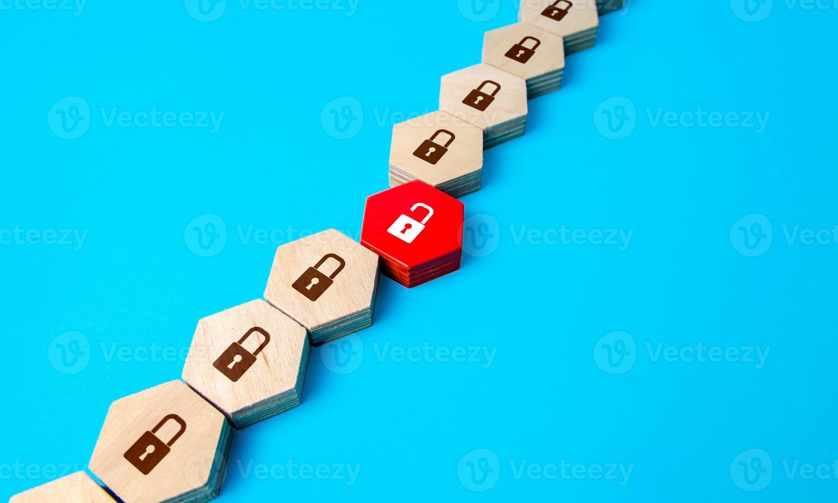 Security chain gave a breakdown. Compromised security network. Hacker attack. Software vulnerabilities. Critical vulnerability. Defect and program error. Leakage of personal and secret data. photo