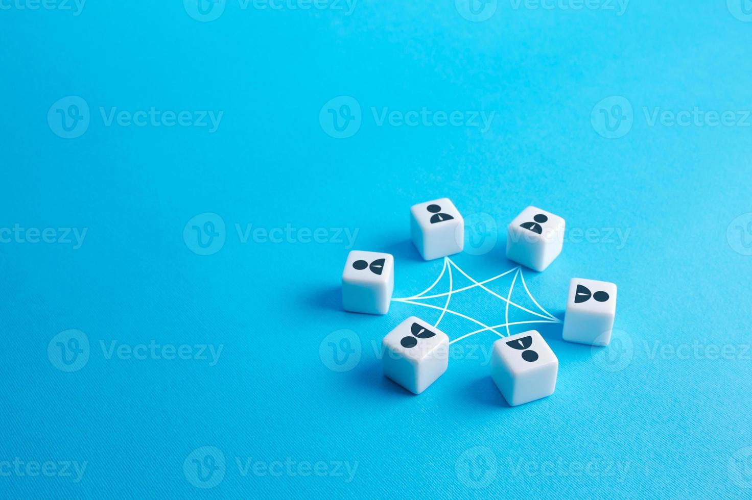 People in a circle connected by lines. Teamwork. Business meeting. Mutual relations. Cooperation and communication within the team. Team interactions. Diplomacy. Coordination and partnership. photo