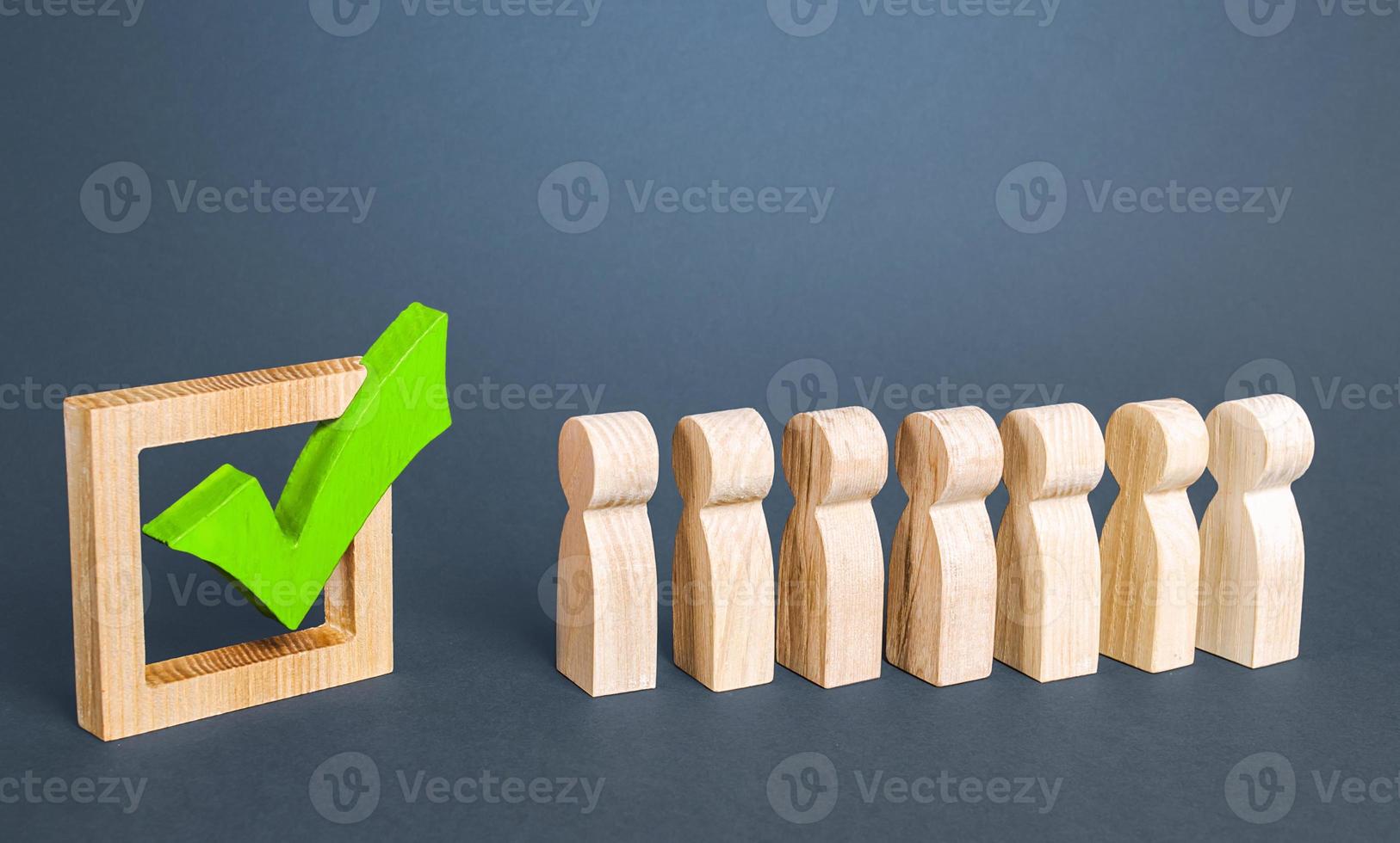 Queue line and green vote check mark. Voting in democratic election or referendum. Political campaign. State legislature passes law. Public poll. Legislative Initiative. Lobbying interests. Resolution photo