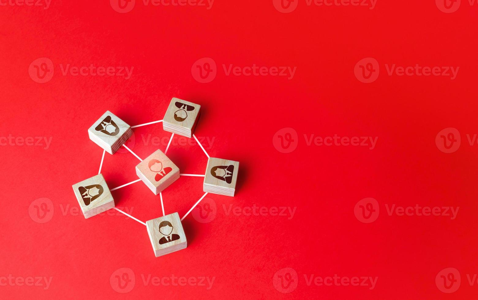 Team with a leader in center. Leadership. Arrangement management of a business company. Decision making center. Optimally sized teams relationships network. Autonomy. Innovative hierarchical system. photo