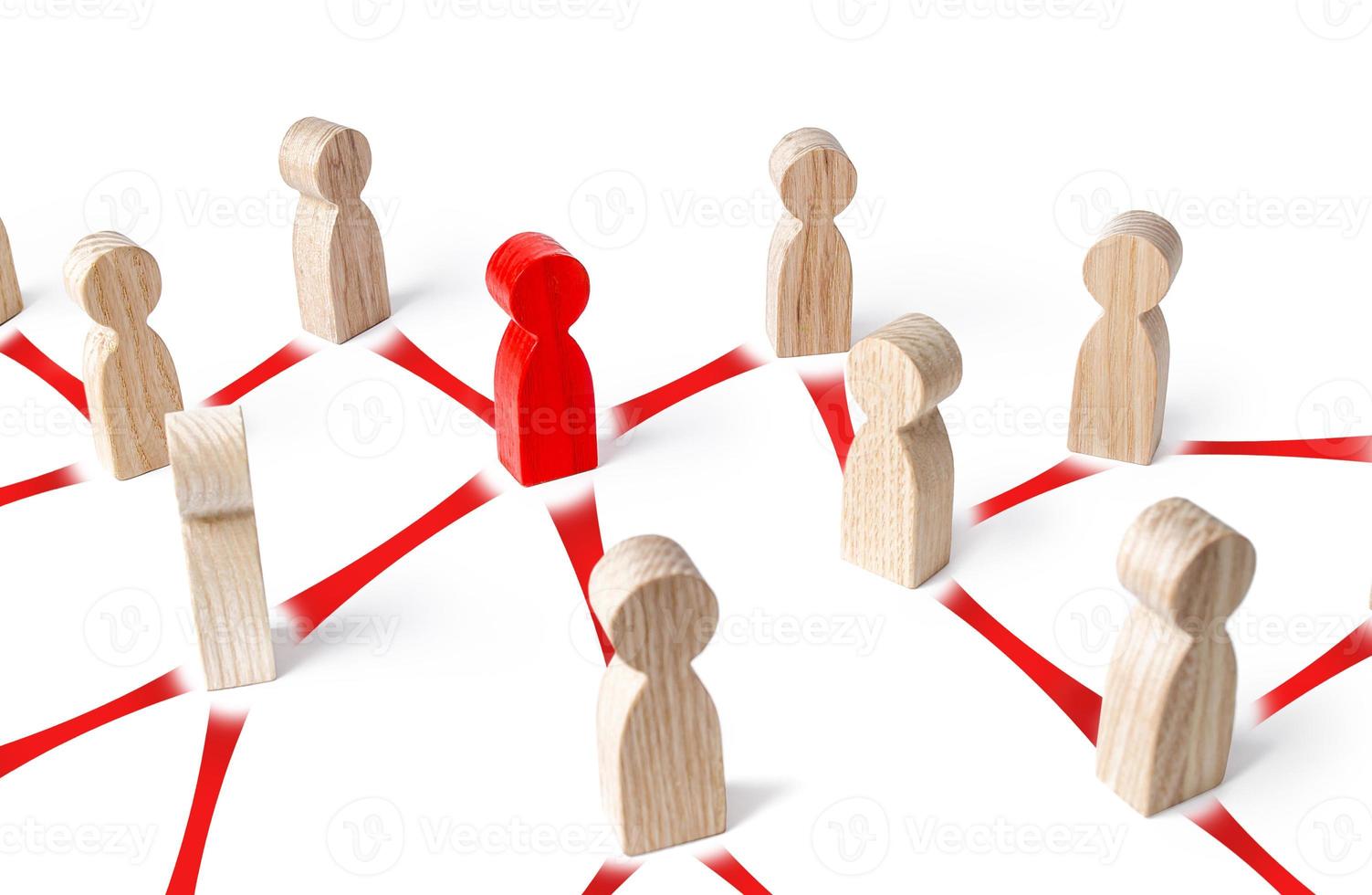 Red person is connected with other people by red lines. Coronavirus COVID-19 spreading. Exponential growth great danger, pandemic threat. Limiting contact and preventing new infections. photo