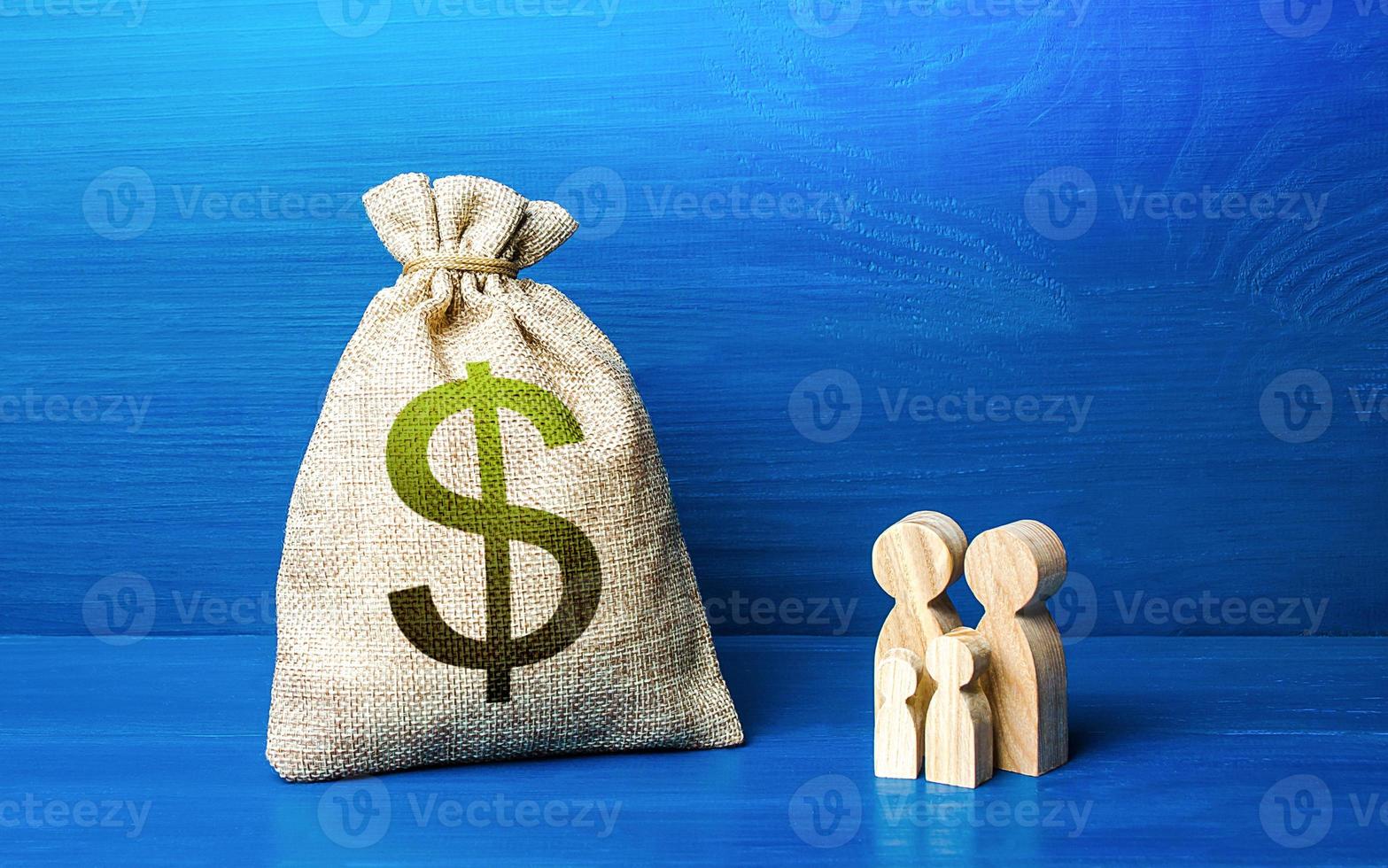 Family figurines and dollar money bag. Social policy, family budget. Investment in human capital. Favorable conditions for population growth. Medicine and demography. Income and expenses photo