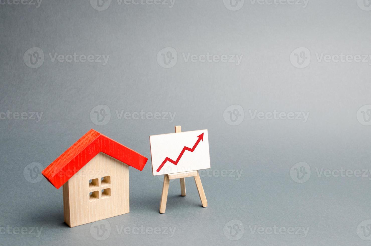 Wooden house and stand with red arrow up. Growing demand for housing and real estate. The growth of the city and its population. Investments. concept of rising prices for housing. Selective focus photo