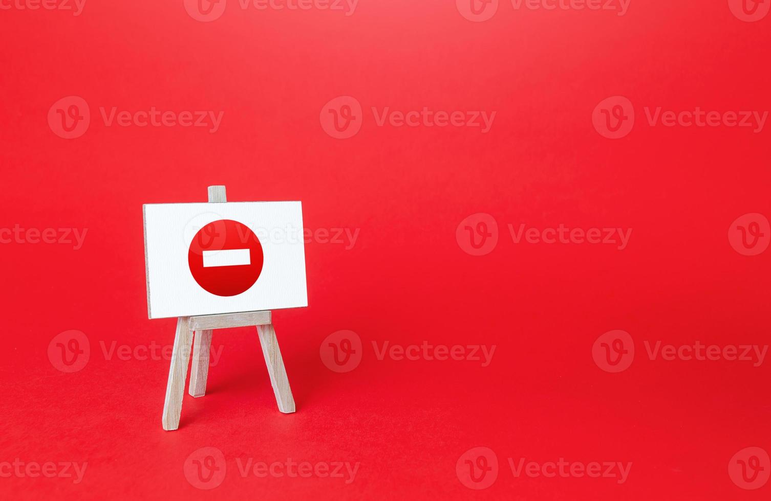 Easel with no entry symbol. Prohibition of actions and operations, restricted area. Ban and sanctions. Isolation zone and quarantine. Failed strategy. Inaccessibility, taboo. Wrong direction. photo