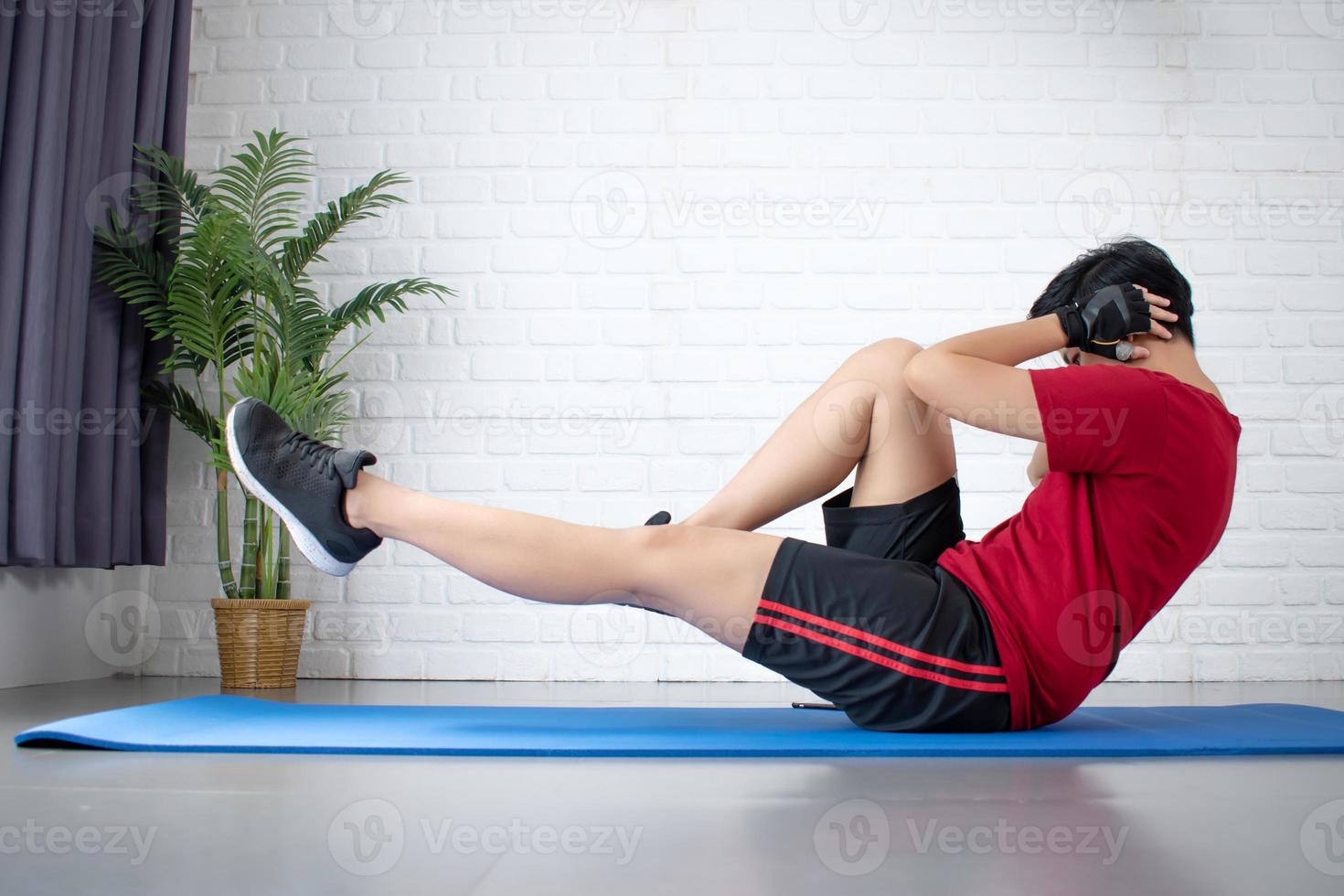 Asian people exercise at home. Concepts of exercise sports. photo