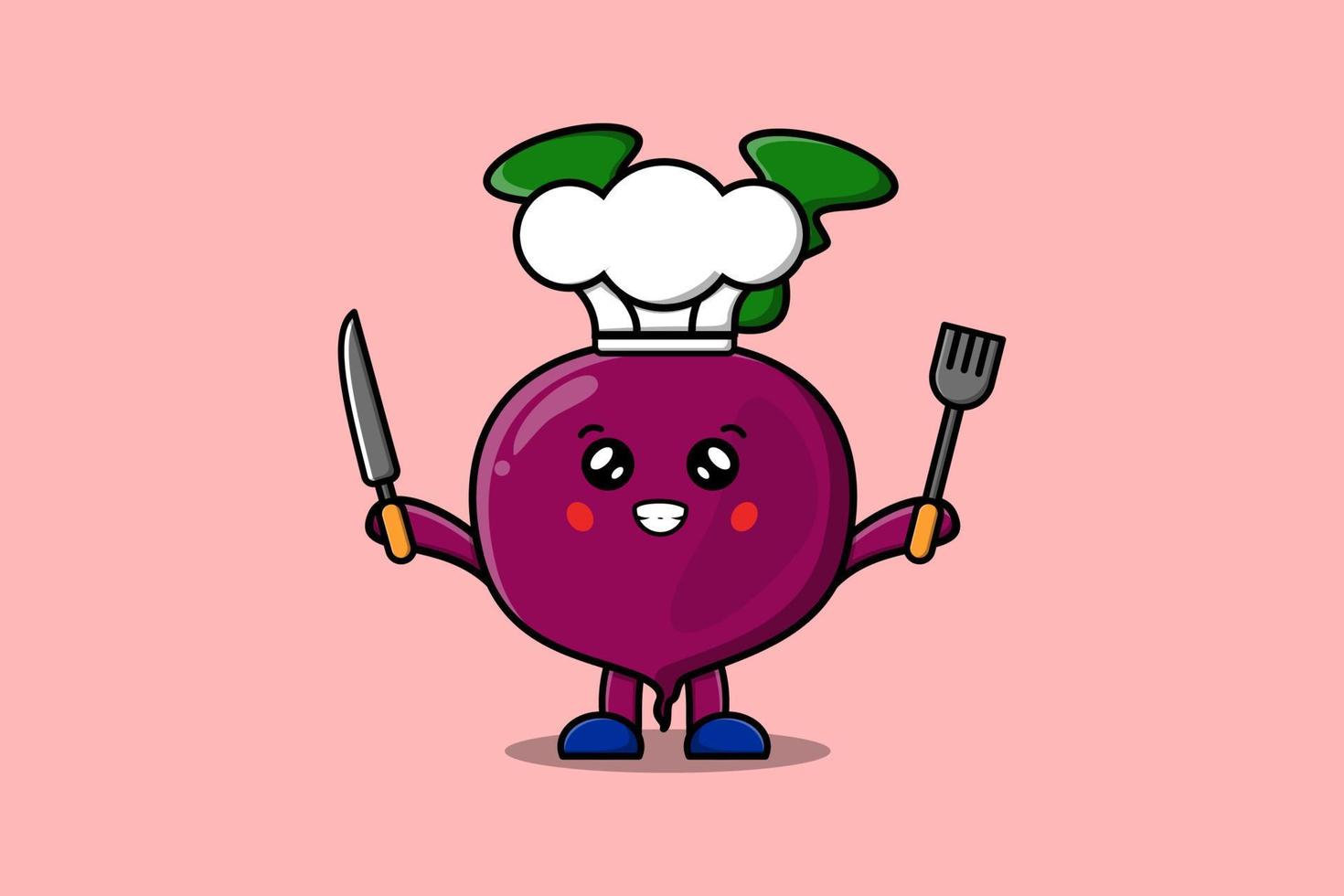 Cute cartoon Beetroot chef holding knife and fork vector