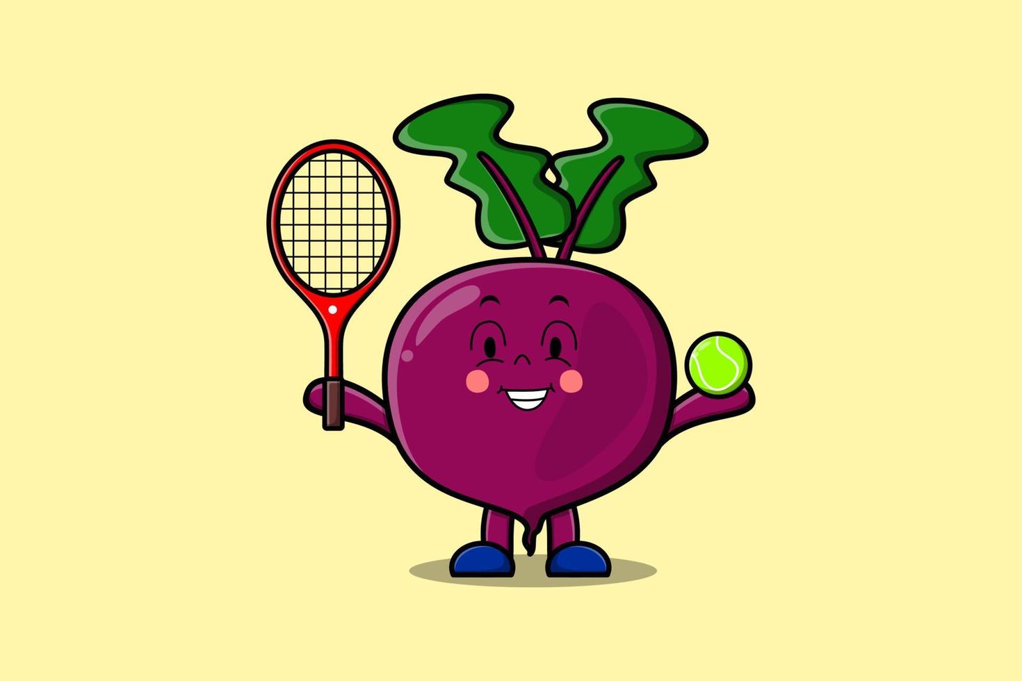 Cute cartoon Beetroot character play tennis field vector