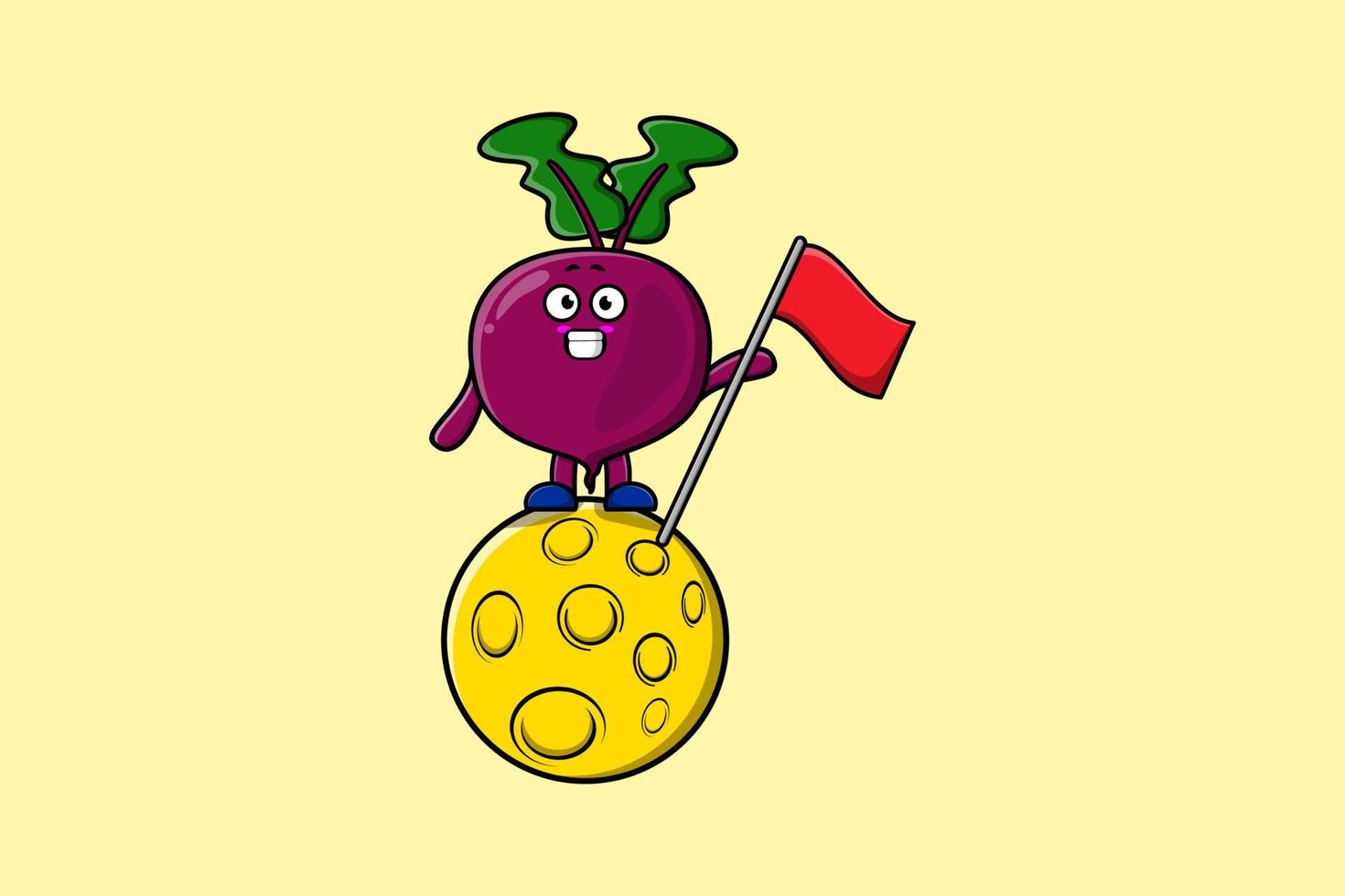 Cute cartoon Beetroot standing on moon with flag vector
