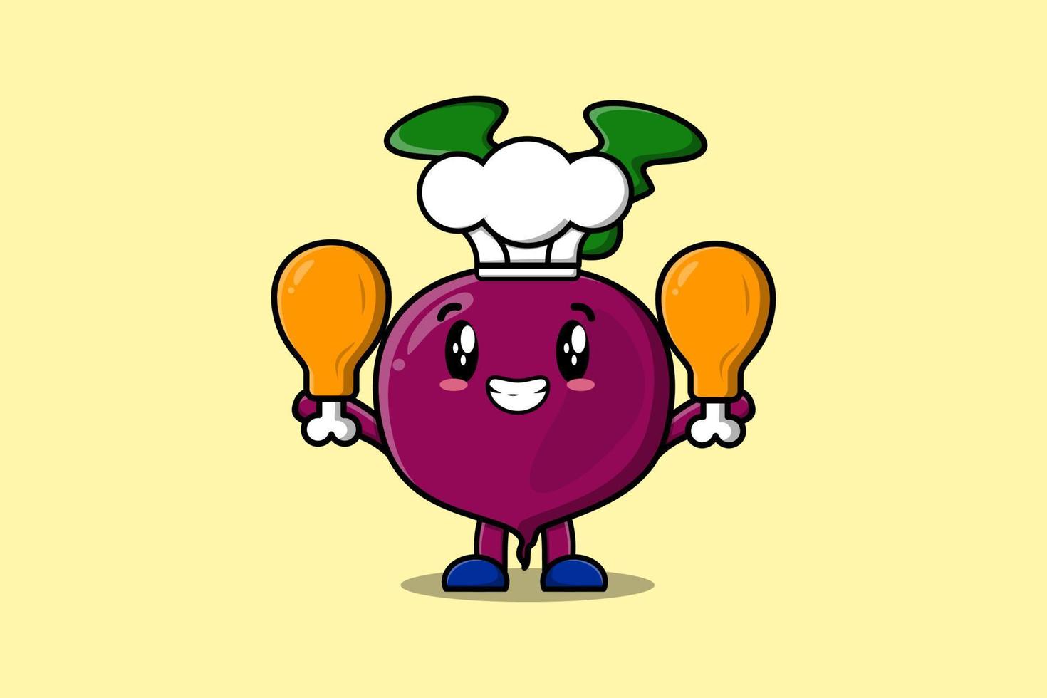 Cute cartoon Beetroot chef hold two chicken thighs vector