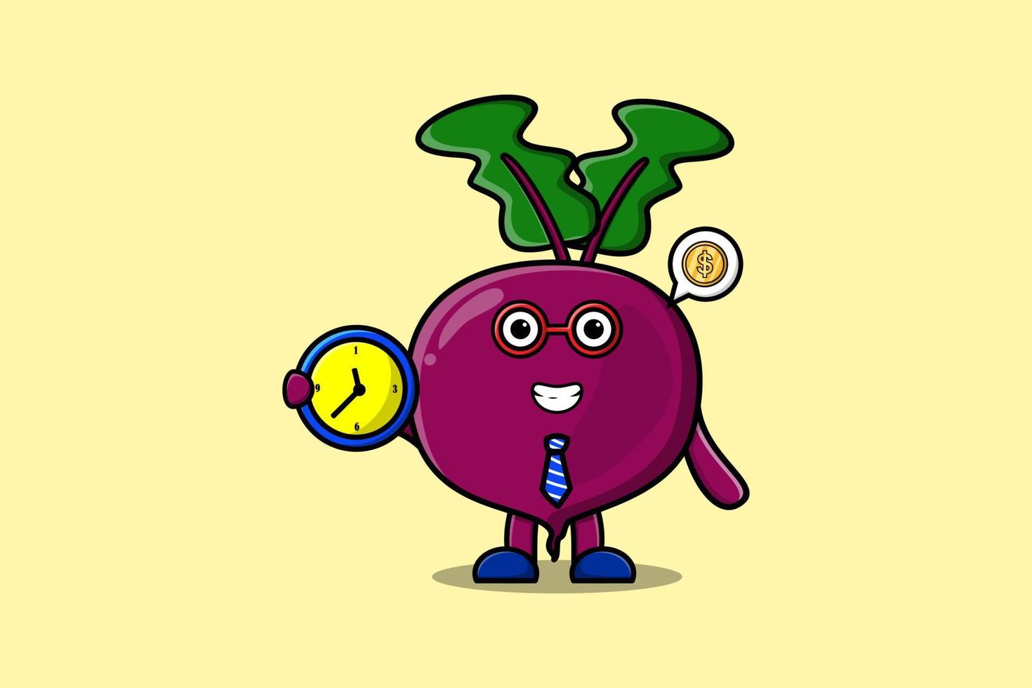 Cute cartoon Beetroot character holding clock vector