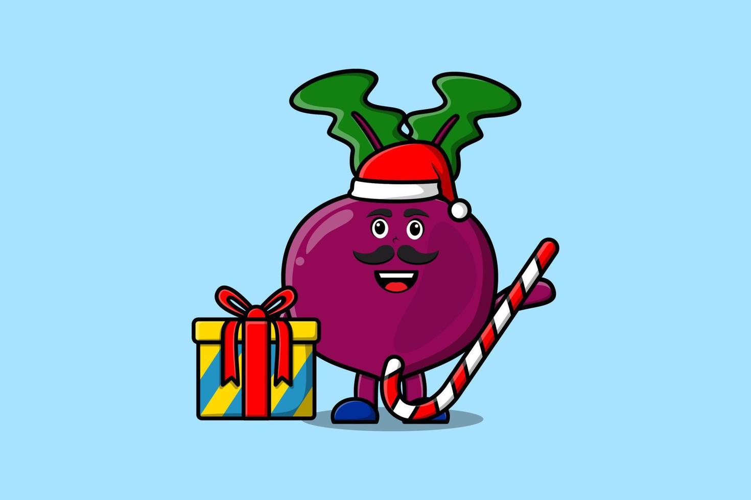 remolacha de dibujos animados santa claus trayendo bastón de caramelo vector