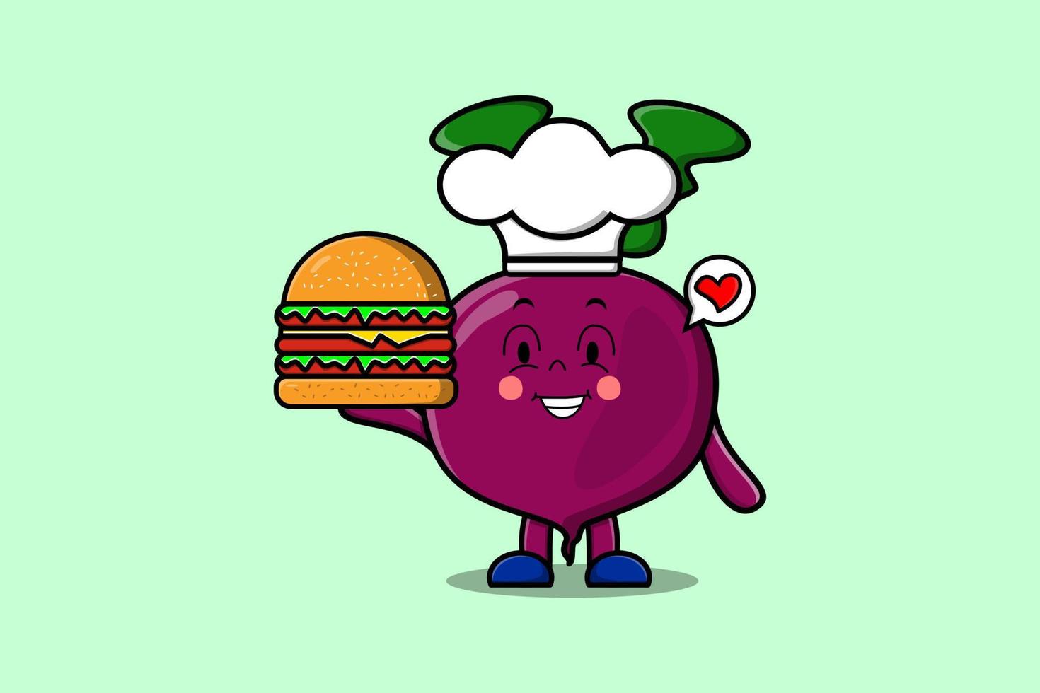 personaje de chef de remolacha de dibujos animados lindo mantenga hamburguesa vector