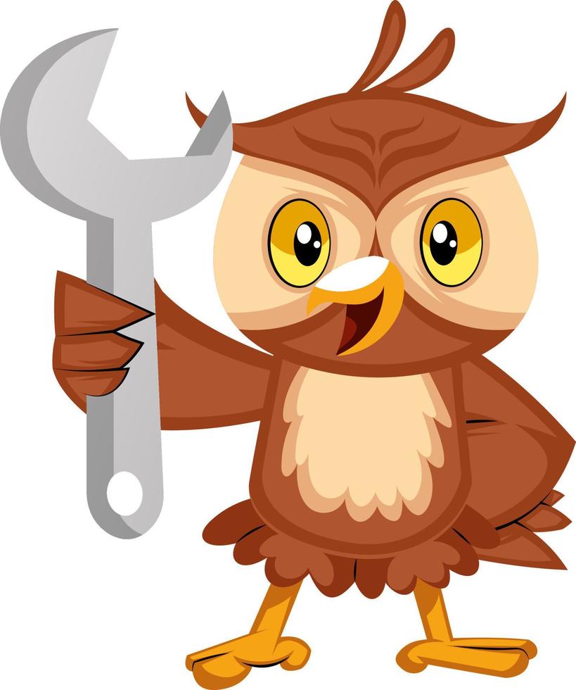 Owl with wrench, illustration, vector on white background.