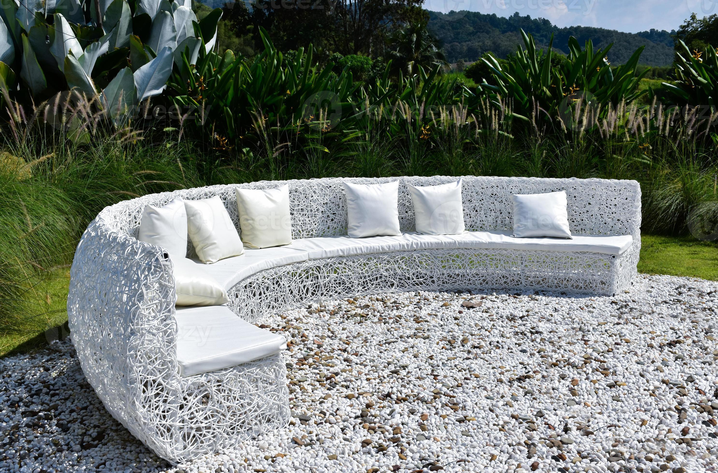 White Plastic Rattan Sofa And Pillows