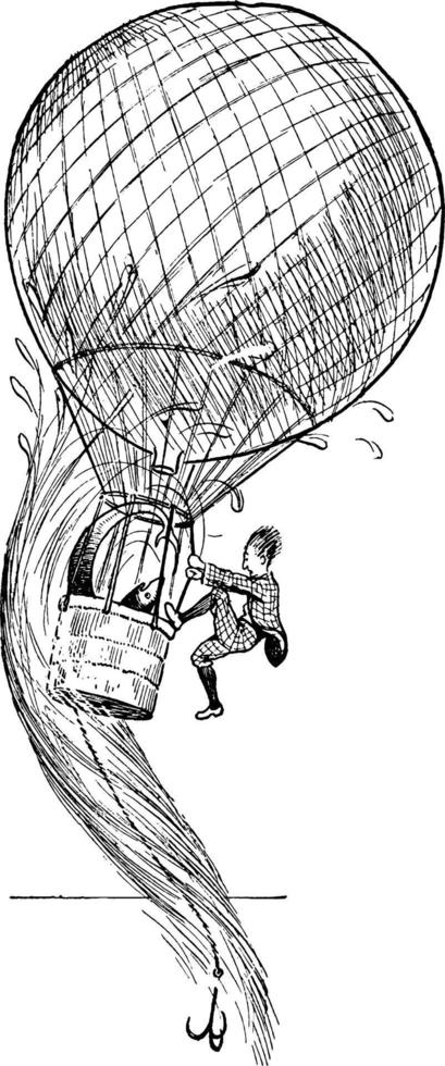 hombre trepando en globo aerostático, ilustración vintage. vector